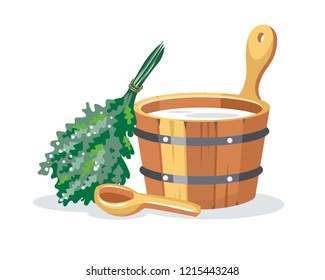 Sauna bathhouse objects oak birch broom, pot,  wooden bucket