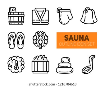 Sauna and bathhouse outline icons set. Vector collection of 10 isolated elements 100x100px. Modern bold stroke pictogram of hat, glove, bathrobe, bucket, steam, temperature, stones and slippers.