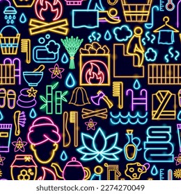 Sauna Bathhouse Seamless Neon Pattern. Vector Illustration of Washing Procedure. Clean and Wash. Glowing Led Lamp Promotion.