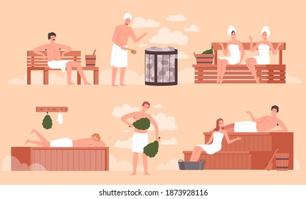 Sauna bathing. People relaxing in public sauna and washing room wellness spa body recreation pool activities vector people