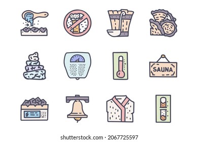 Sauna color vector doodle simple icon set