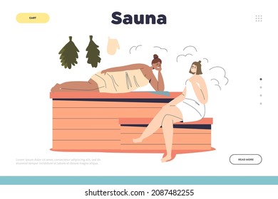 Sauna concept of landing page with two women relax in banya wearing towels and lying on wooden benches enjoy hot water stream and spa procedure. Cartoon flat vector illustration