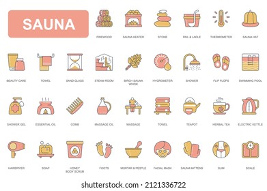 Sauna concept simple line icons set. Pack outline pictograms of stone, thermometer, beauty care, towel, hygrometer, swimming pool, soap, tea and other. Vector elements for mobile app and web design