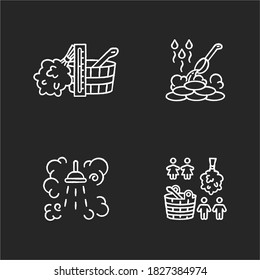 Sauna culture chalk white icons set on black background. Finnish and russian bathhouses accessories, brooms and water buckets. Steam shower, wet sauna. Isolated vector chalkboard illustrations