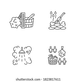 Sauna culture pixel perfect linear icons set. Finnish and russian bathhouses. Steam shower, wet sauna customizable thin line contour symbols. Isolated vector outline illustrations. Editable stroke