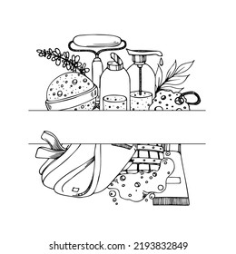Sauna Doodle Set. Accesorios de baño dibujados a mano. Ilustración del contorno del vector