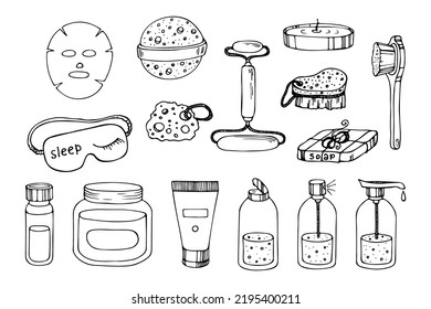 Sauna Doodle Set. Hand drawn bathing accessories. Vector outline illustration