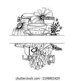 Sauna Doodle Set. Hand drawn bathing accessories. Vector outline illustration