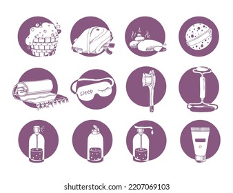 Sauna Doodle set. Hand drawn bathing accessories. Vector spa silhouette illustration in color circle