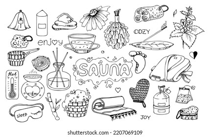 Sauna Doodle Set. Handgezeichnetes Badezubehör. Vektorgrafik