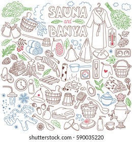 Sauna Doodle Set. Hand drawn bathing accessories. Vector illustration isolated on white background