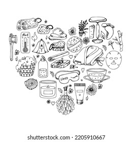 Sauna Doodle Set in heart background. Hand drawn bathing accessories. Vector outline illustration