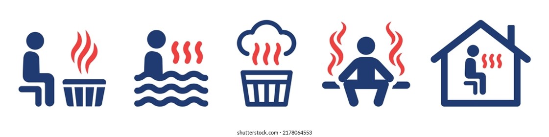 Sauna With Dry Heat And Hot Steam Room With Boiling Water Icon Vector Set For Relaxation Concept Illustration.