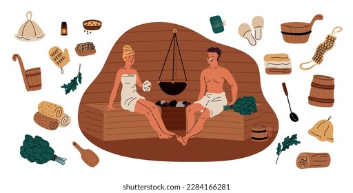 Elementos de la sauna. Procedimiento de spa. Accesorios de baño. Lavabo y escobas de roble. La gente se relaja en sombreros y toallas. Desintoxicación corporal. La pareja está humeando. Relajación en el baño