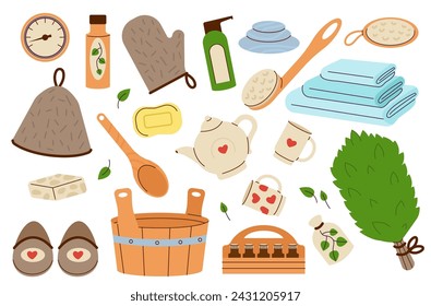 Sauna elements. Spa wellness tools and equipment. Felt hat for hairs protection, towels and tea set. Soap and lotion, body brush, decent vector clipart
