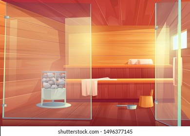 Sauna empty room with glass doors. Wooden bathhouse interior design with shelves, hot stones, towels, scoop and bucket. Place for hygiene and relaxation at home or in hotel Cartoon vector illustration