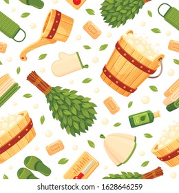 Sauna equipment and accessories, bathhouse attributes seamless pattern. Steam therapy, healthy procedure. Birch broom and bucket vector texture. Spa items textile, wallpaper, wrapping paper design