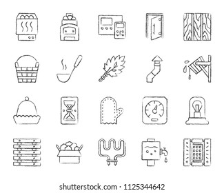 Sauna equipment charcoal icons set. Grunge outline sign kit of bathhouse. Spa linear icon collection includes stone, accessories, boiler. Hand drawnsimple sauna symbol on white. Vector Illustration