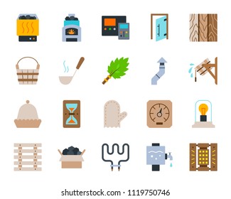 Sauna equipment flat icons set. Sign kit of bathhouse. Spa pictogram collection includes chimney, hygrometer, heating element. Simple sauna cartoon icon symbol isolated on white. Vector Illustration