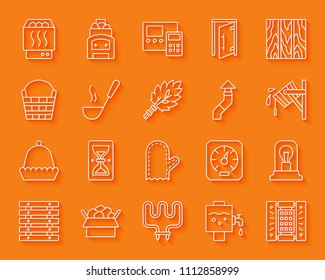 Sauna equipment paper cut line icons set. 3D sign kit of bathhouse. Spa linear pictogram collection includes paneling, hourglass, electric heater. Simple sauna vector icon shape Material design symbol
