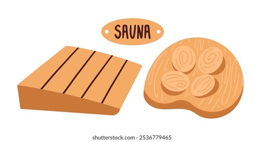 Sauna equipamento silhueta ícones conjunto. Isolado no kit de sinal branco da casa de banho. A coleção de descanso de cabeça de cedro Spa inclui ferramentas de sauna em madeira. Símbolo de contorno simples. Sauna atributos vetor ícone forma