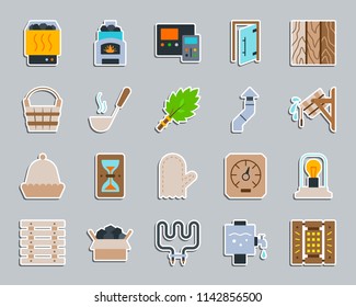 Sauna equipment sticker icons set. Flat sign kit of bathhouse. Spa pictogram collection includes wood burning stove, ladle, hat. Simple sauna accessories icon symbol for patch pin. Vector Illustration