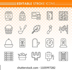 Sauna equipment thin line icons set. Outline web sign kit of bathhouse. Spa linear icon collection includes electric heater, hourglass, hat. Editable stroke without fill. Sauna simple vector symbol