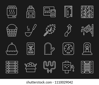Sauna Equipment thin line icons set. Outline monochrome web sign kit of bathhouse. Spa linear icon collection includes hourglass, headrest, glass door. Simple sauna contour symbol vector Illustration
