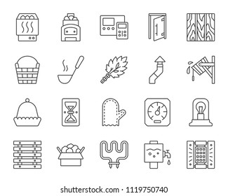 Sauna equipment thin line icons set. Outline sign kit of bathhouse. Spa linear icon collection includes chimney, hygrometer, heating element. Simple sauna symbol isolated on white. Vector Illustration