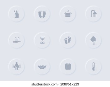 sauna gray vector icons on round rubber buttons. sauna icon set for web, mobile apps, ui design and promo business polygraphy