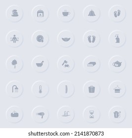 sauna gray vector icons on round rubber buttons. sauna icon set for web, mobile apps, ui design and promo business polygraphy