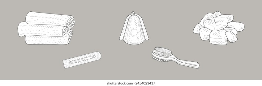 Sauna Hand Drawn Bathing Accessory and Sketch Item Vector Set