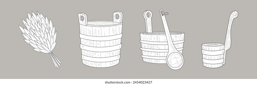 Sauna Hand Drawn Bathing Accessory and Sketch Item Vector Set