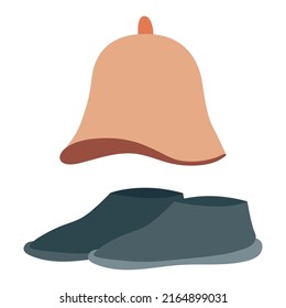 Sauna hat and slippers vector cartoon illustration isolated on a white background.