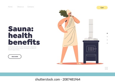 Sauna health an in hat and towel hold birch broom preparing for recreation in sauna or banya. Spa procedure and recreation concept. Cartoon flat vector illustration