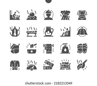 Sauna. Hot stones and steam. Sauna hat, firewood, hot honey. Treatment, vacation, spa and wellness therapy. Vector Solid Icons. Simple Pictogram