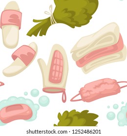 Sauna hot temperature fluffy towel for spa treatment seamless pattern vector body care items soap water and leaves glove and slippers for walking inside relaxation in bathhouse natural products.