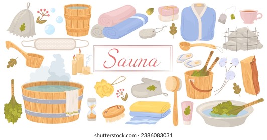 Sauna hygiene accessories, bath tools and equipment set. Vector illustration of bucket, bath broom, wooden bench, robe, washcloth, firewood. SPA center or bathhouse advertisement