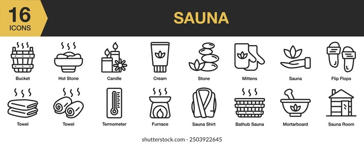 Sauna icon set. Includes candle, cream, mittens, sauna room, towel, furnace, and More. Outline icons vector collection.