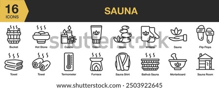Sauna icon set. Includes candle, cream, mittens, sauna room, towel, furnace, and More. Outline icons vector collection.