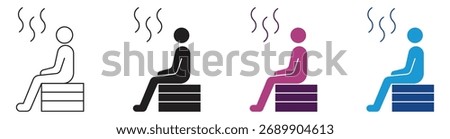 Sauna icon set. Spa service, hot steam room or sweat room. Relax of relaxation exercises. Human rest, stick figure man. Vector illustration .