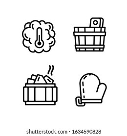 Sauna icons. Outline set for bathhouse, bath accessories, bucket, steam room, hot stones, glove. Vector icons isolated on white background, steam and temperature.