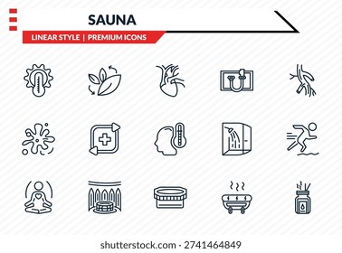 sauna icons set - hyperthermia, fresh air supply, splashing, laconium, aroma stimulation outline vector collection.