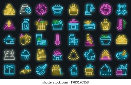 Sauna icons set. Outline set of sauna vector icons neon color on black