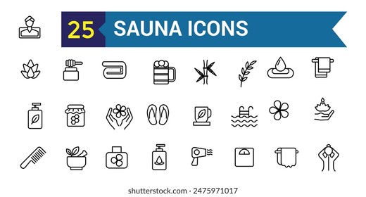 Conjunto de iconos de sauna. Conjunto esquemático de iconos vectoriales de sauna para el diseño de ui. Colección de iconos de esquema. Trazo editable.