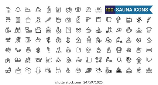 Conjunto de iconos de sauna. Conjunto esquemático de iconos vectoriales de sauna para el diseño de ui. Colección de iconos de esquema. Trazo editable.