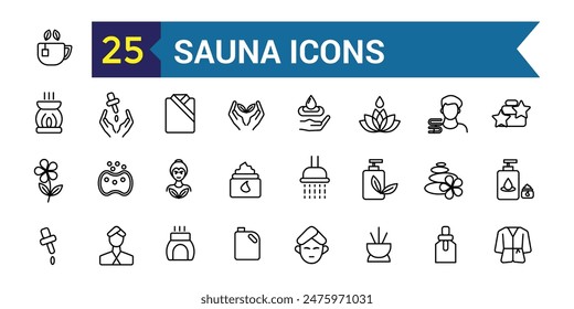 Sauna icons set. Outline set of sauna vector icons for ui design. Outline icon collection. Editable stroke.