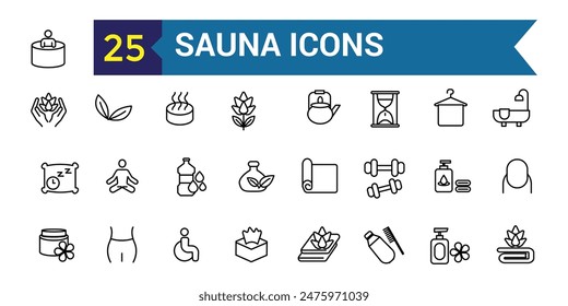 Sauna icons set. Outline set of sauna vector icons for ui design. Outline icon collection. Editable stroke.