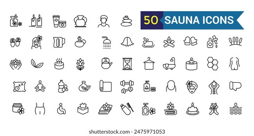 Sauna icons set. Outline set of sauna vector icons for ui design. Outline icon collection. Editable stroke.