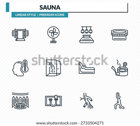 sauna icons set - sound stimulation, air cooling, light stimulation, banja, warming-up time outline vector collection.